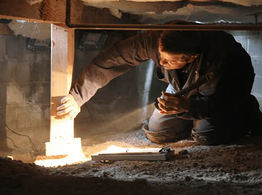 A professional inspecting wooden beams under the floor of a structure in San Diego, CA